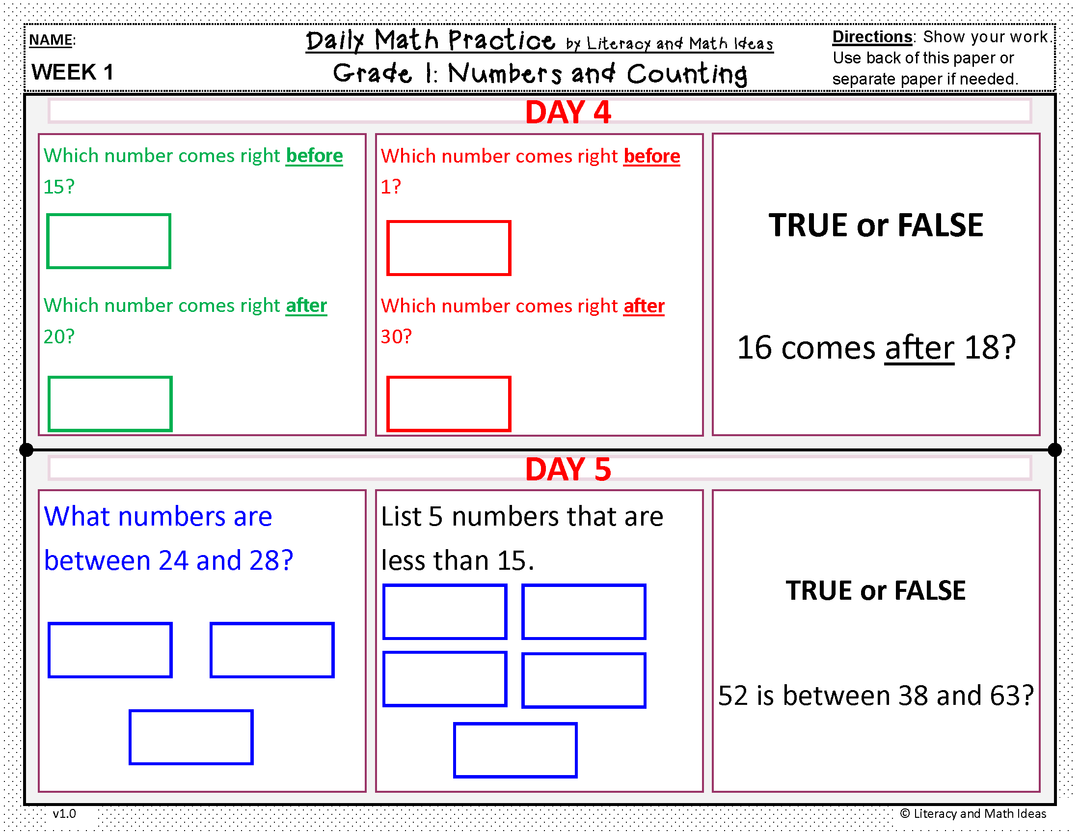 Daily Math Practice (Grade 1) August