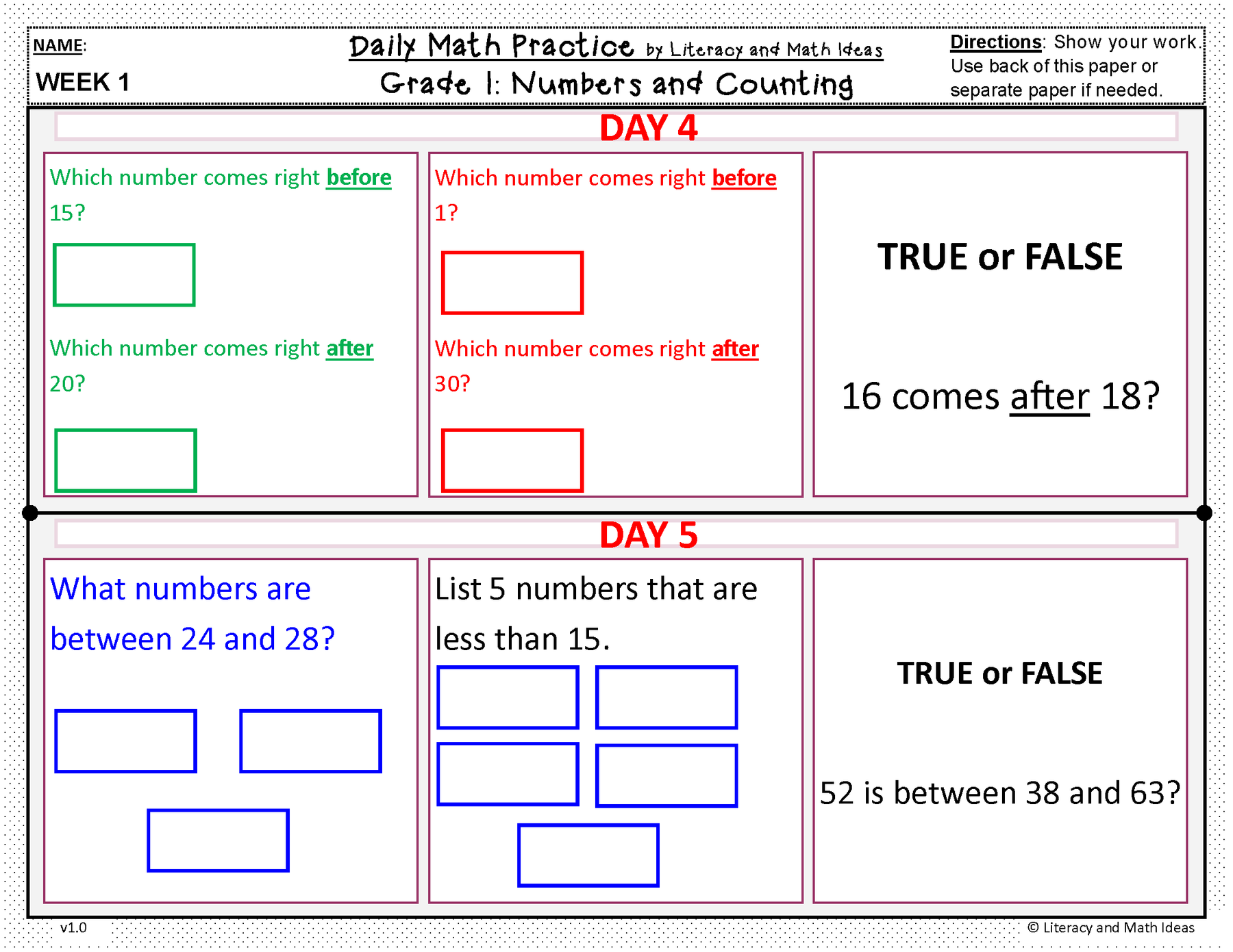 Daily Math Practice (Grade 1) August – Literacy and Math Ideas
