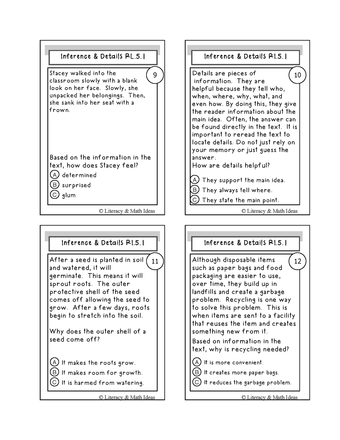 Inference & Details Grade 5 Common Core RL.5.1 and RI.5.1 Cards