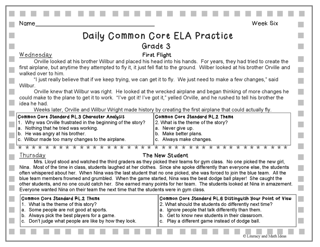 Grade 3 Daily Common Core Reading Practice Weeks 6-10