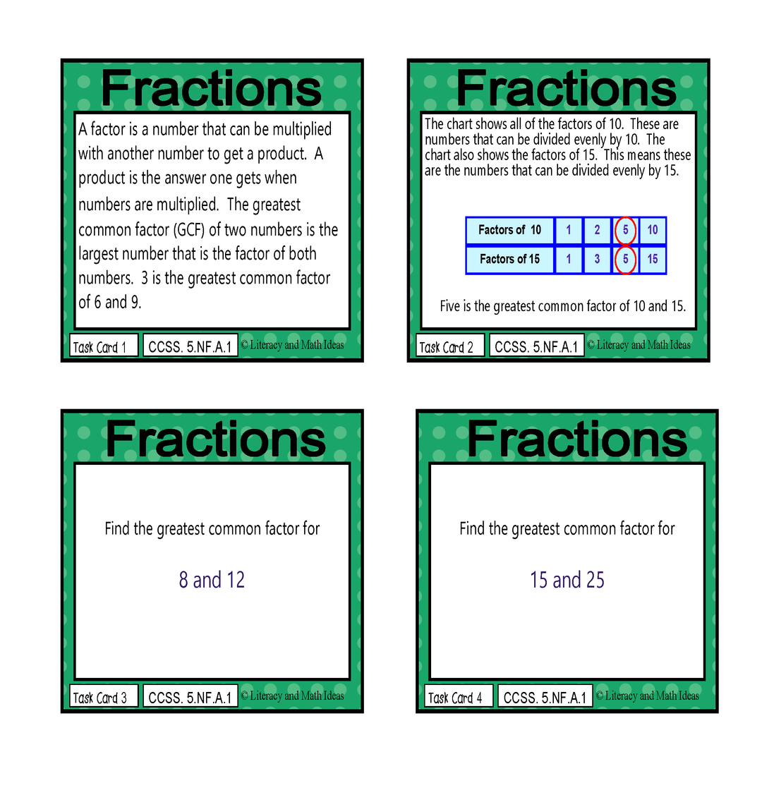 Common Core Math Task Cards: 5.NF.A.1 Fractions