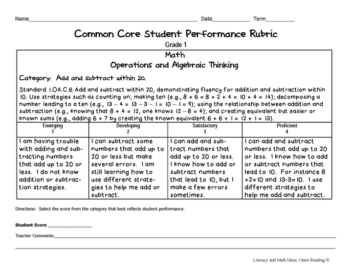 Common Core Math Rubrics: Grade 1