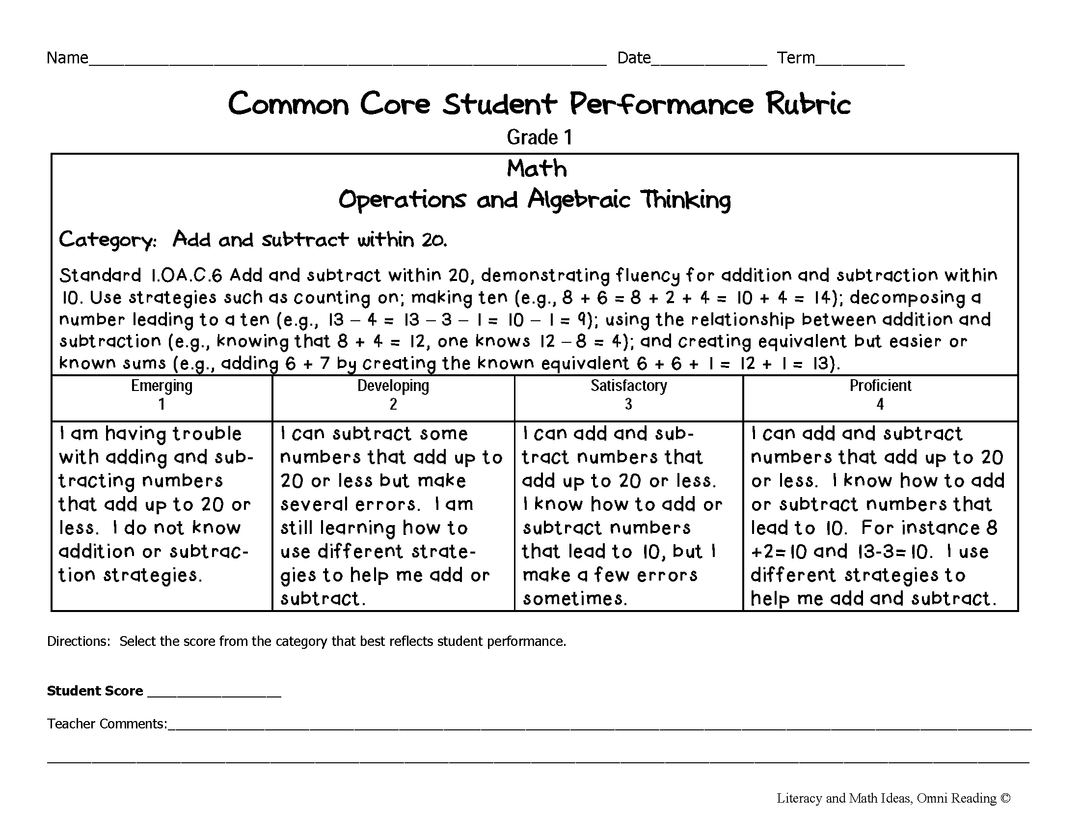 Common Core Math Rubrics: Grade 1