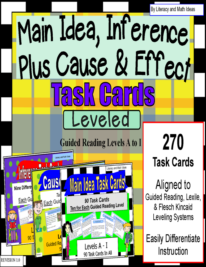 270 Main Idea, Cause and Effect, and Inference Task Cards (Guided Reading A - I)