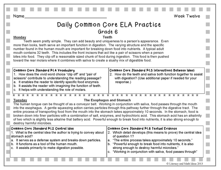 Grade 6 Daily Common Core Reading Practice Weeks 11-15