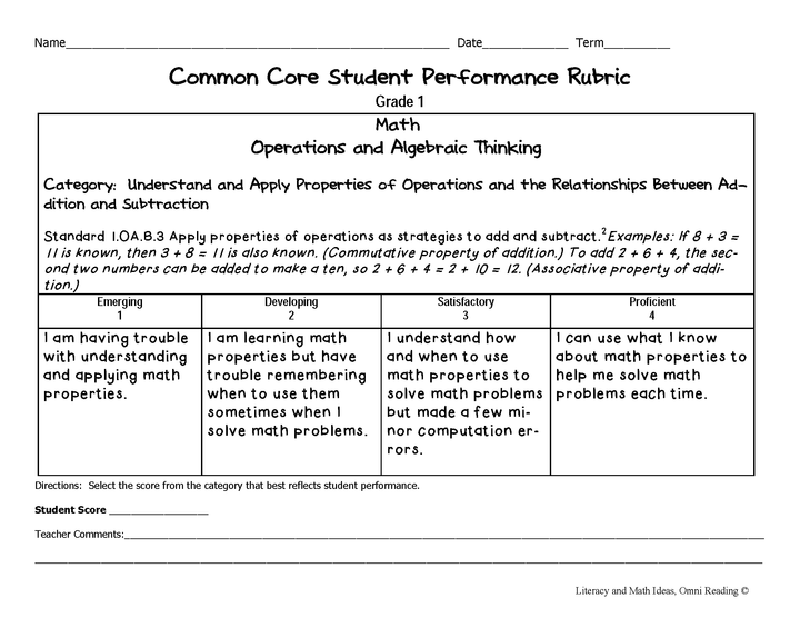 Common Core Math Rubrics: Grade 1