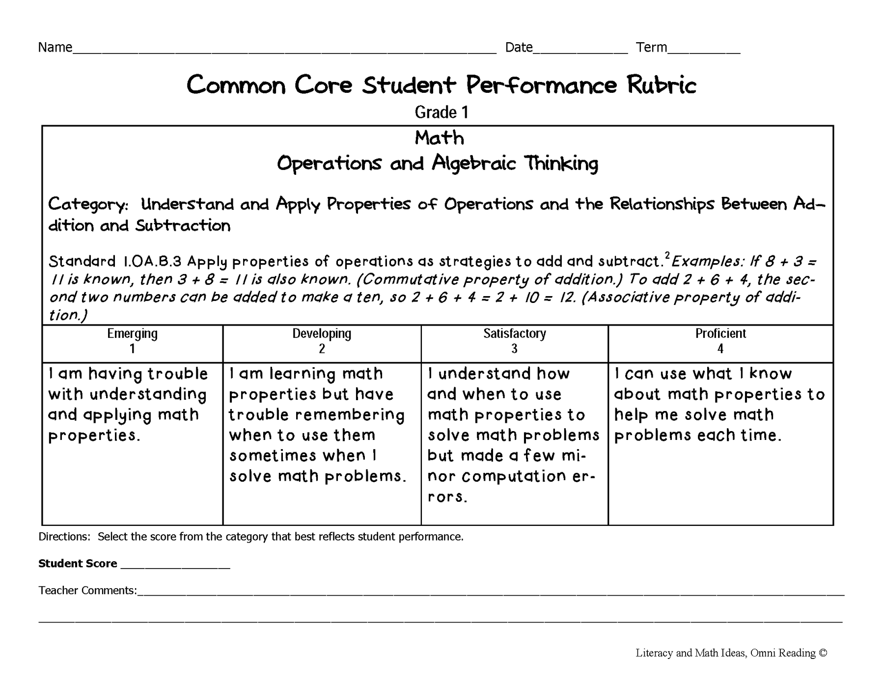 Cgi Math Rubrics Common Core Math Rubrics: Grade 1 – Literacy and Math Ideas