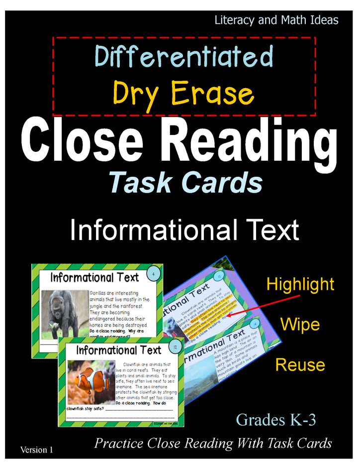 Differentiated Dry Erase Close Reading Task Cards Informational Text