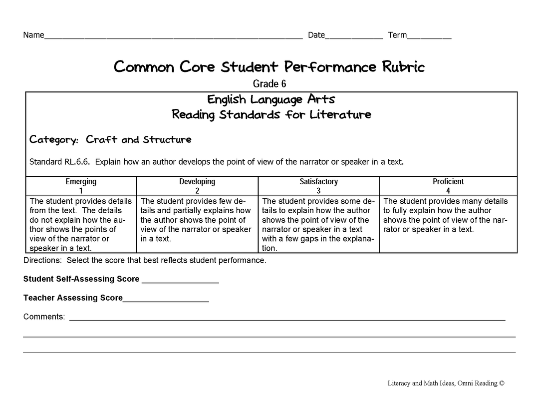 Common Core ELA Rubrics: Grade 6