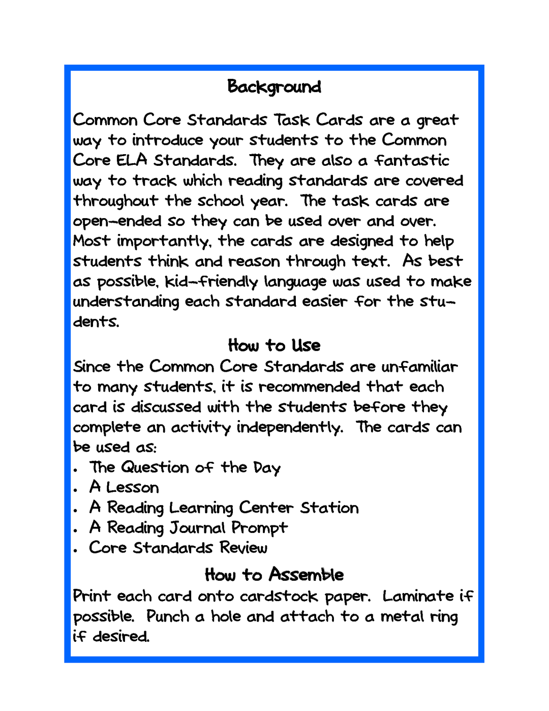 Common Core Standards Task Cards: Kindergarten
