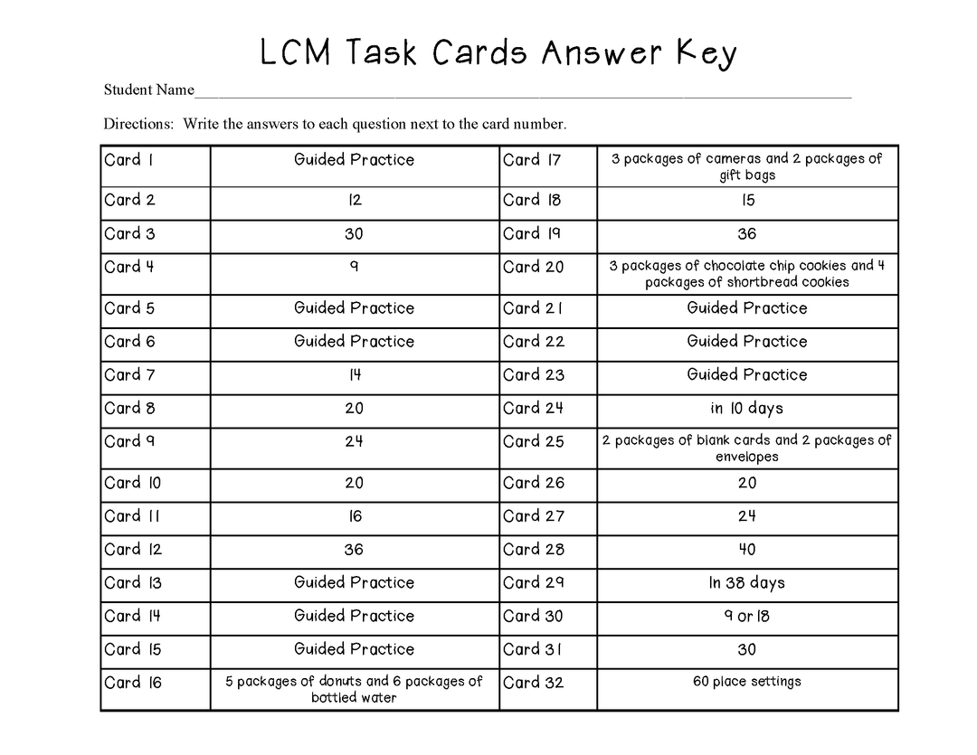 Least Common Multiple (LCM) Task Cards