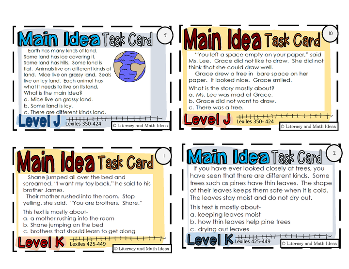 Main Idea Leveled Task Cards - Level J K L M