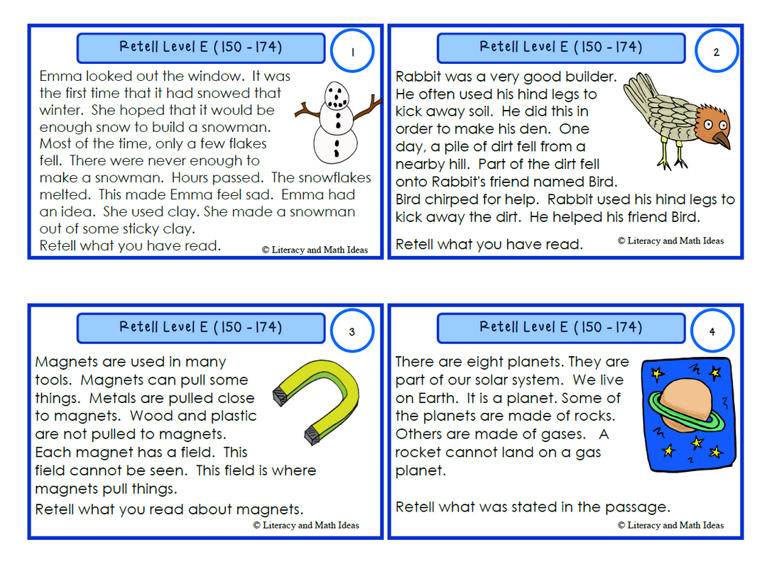 Retell Task Cards for Reading Levels (Levels E,F,G,H, and I)
