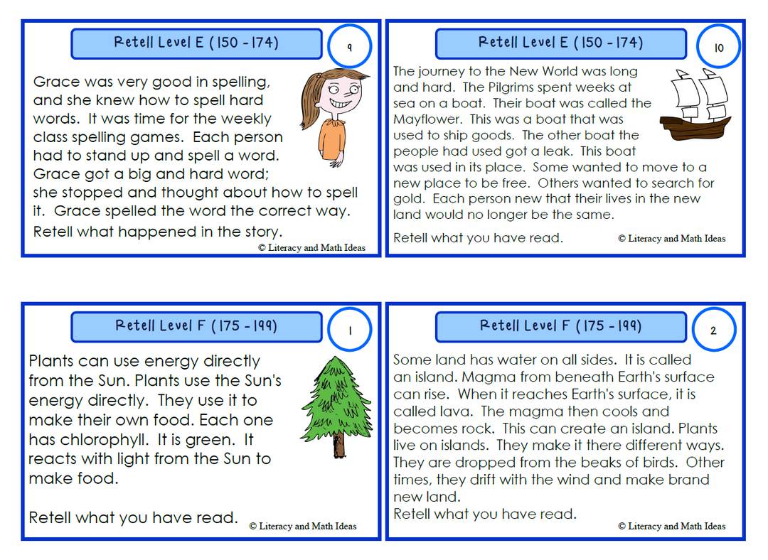 Retell Task Cards for Reading Levels (Levels E,F,G,H, and I)