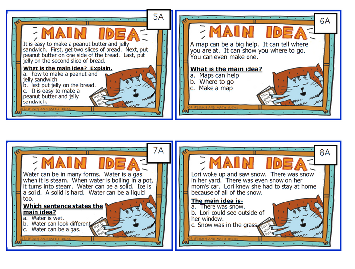 Differentiated (Leveled) Main Idea Clip Task Cards, Centers, & Bonus Worksheets