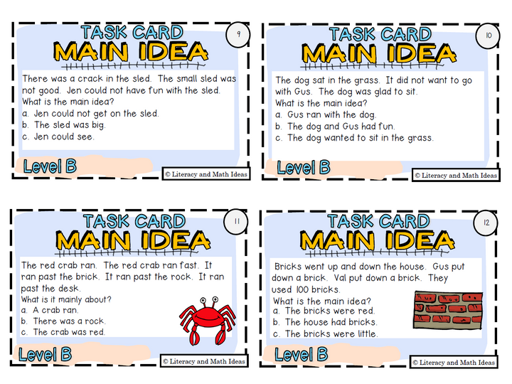 Main Idea Task Cards & Printable Reading (Levels A-I)