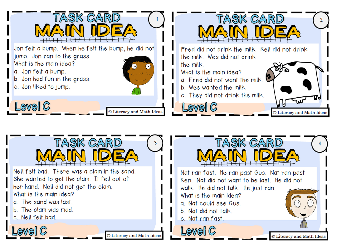 Main Idea Task Cards & Printable Reading (Levels A-I)