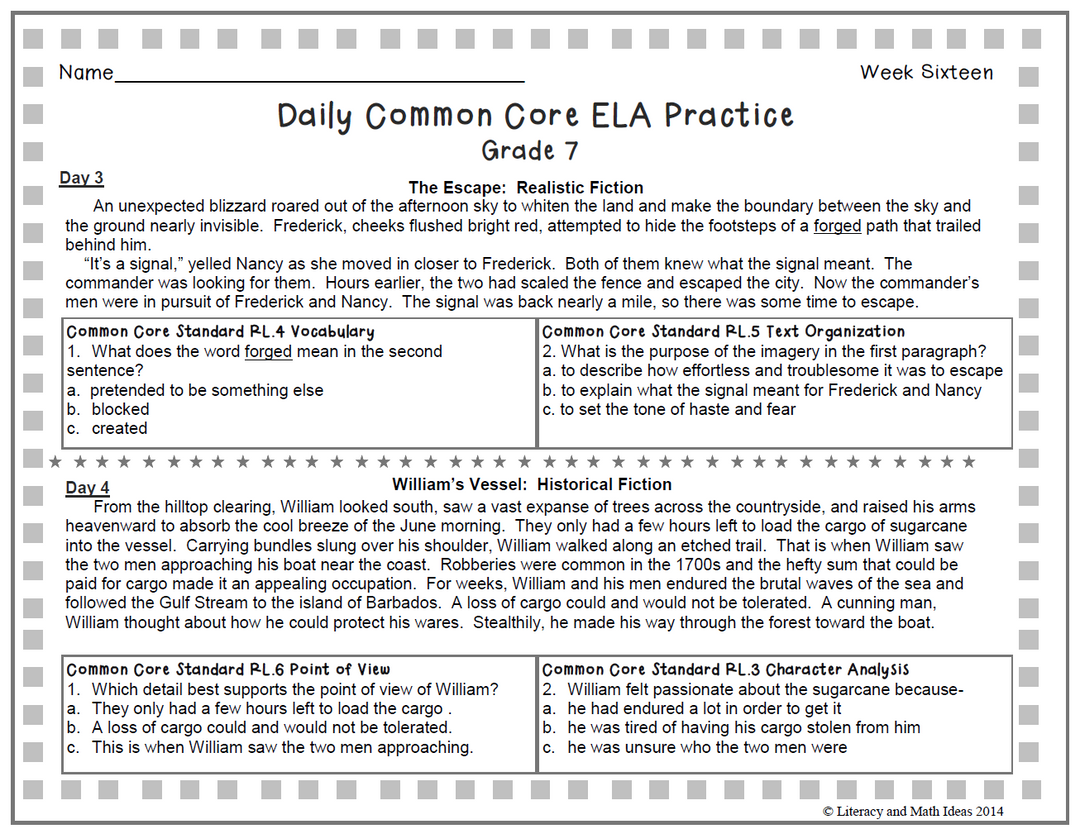 Grade 7 Daily Common Core Reading Practice Weeks 16-20