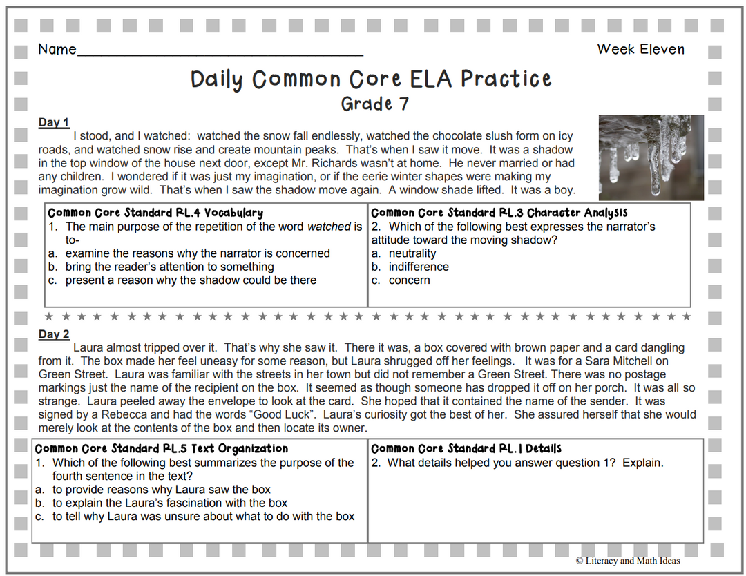 Grade 7 Daily Common Core Reading Practice Weeks 11-15