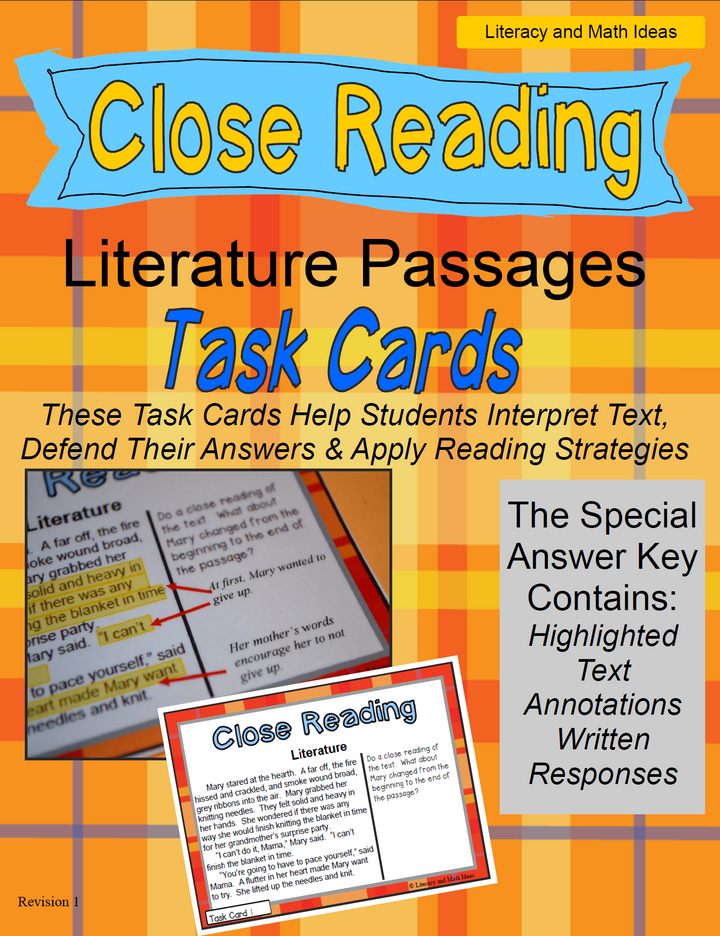 Close Reading Literature Passages Task Cards