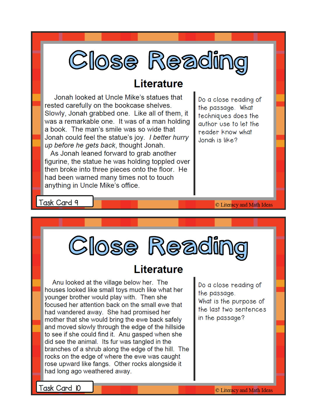 Close Reading Literature Passages Task Cards