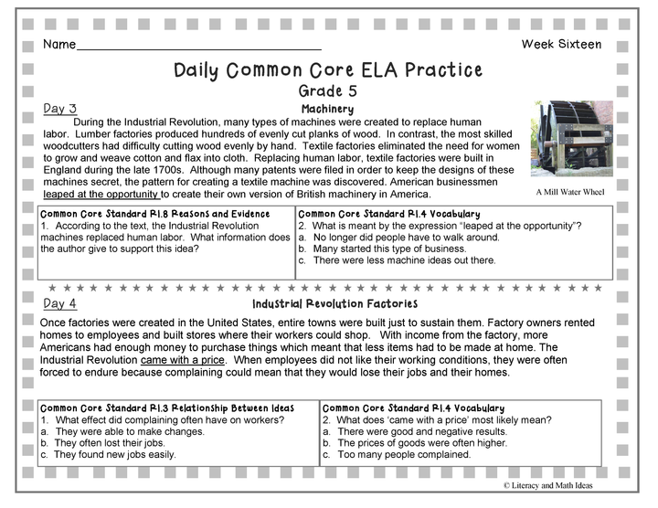 Grade 5 Daily Common Core Reading Practice Weeks 16-20