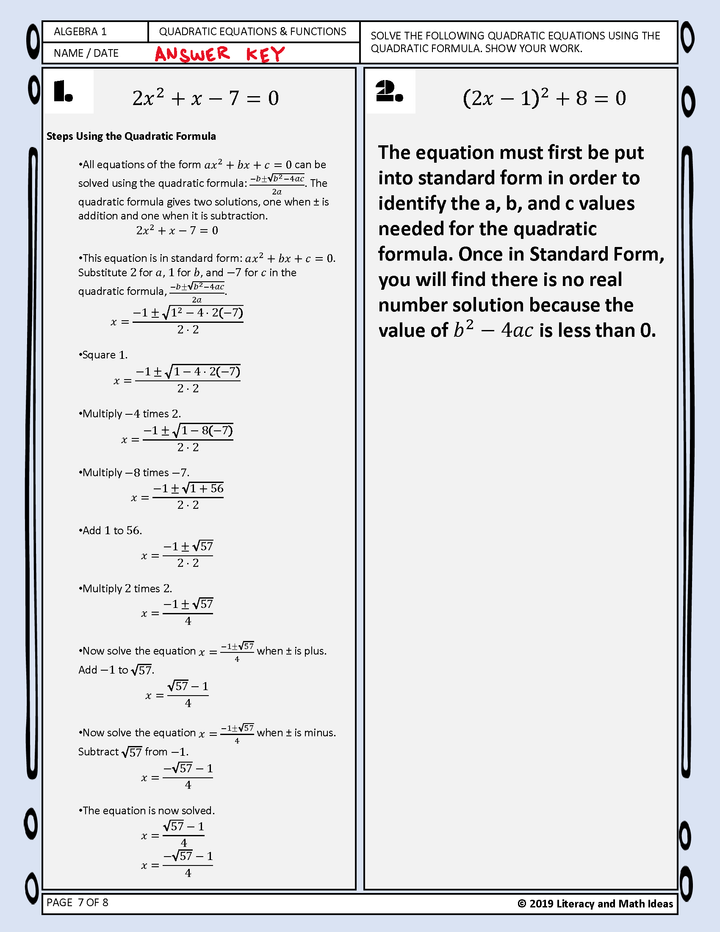 Algebra 1: Using the Quadratic Formula