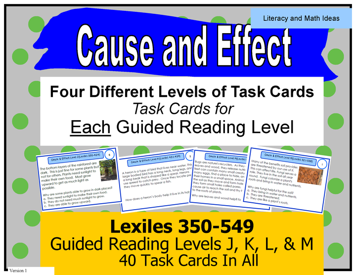 Cause and Effect Task Cards For Each Guided Reading Level (Levels J,K,L,M)