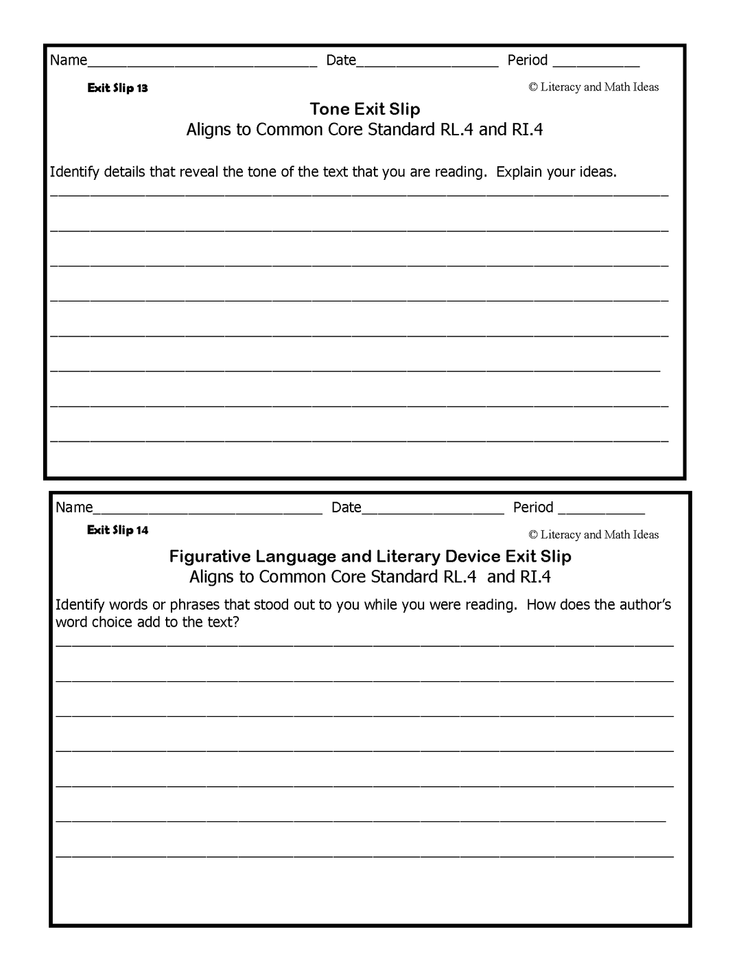 High School Common Core Literary Device and Tone Exit Slips