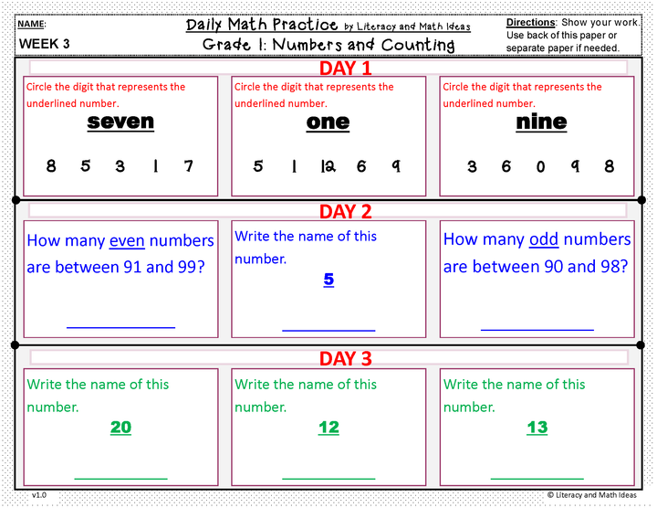 Daily Math Practice (Grade 1) August