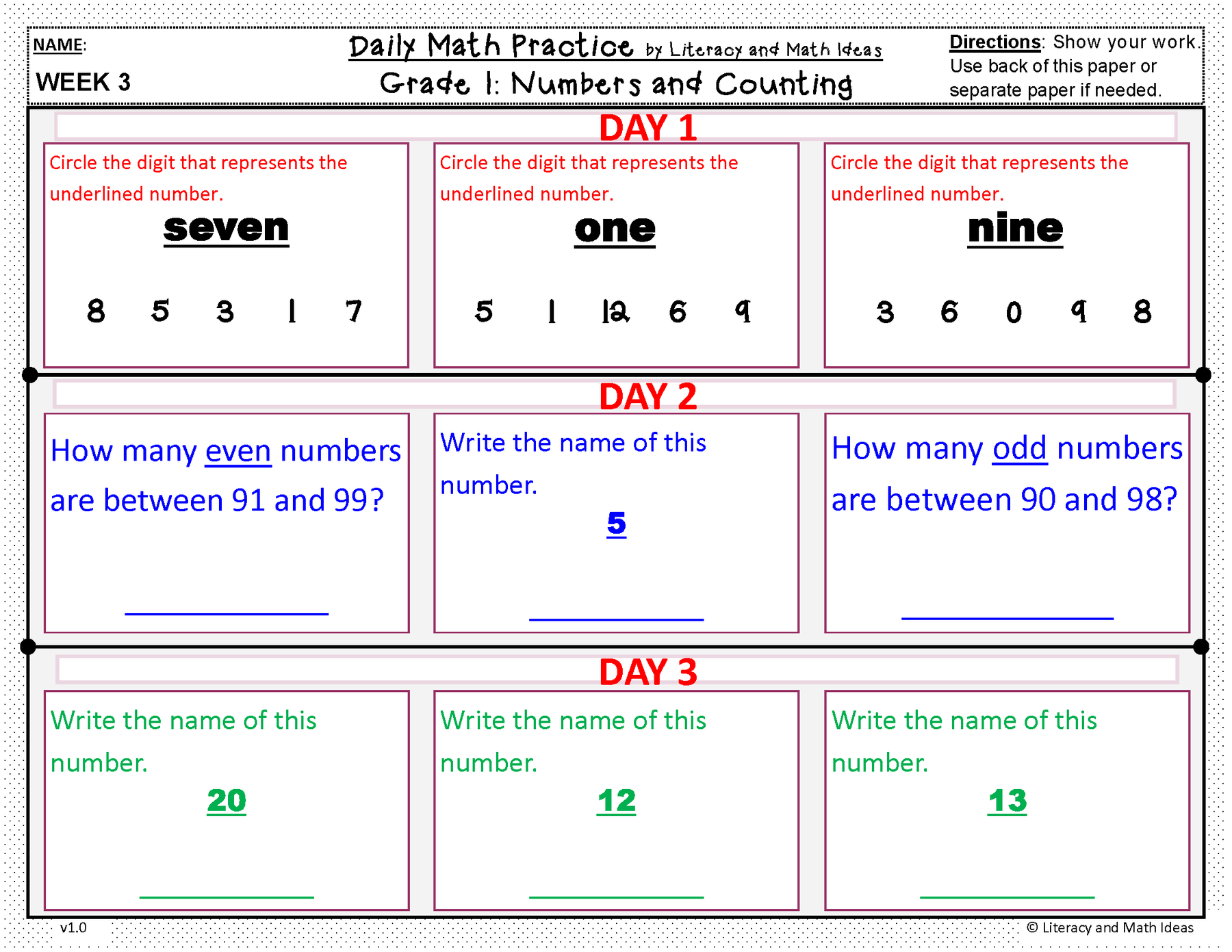 Daily Math Practice (Grade 1) August – Literacy and Math Ideas