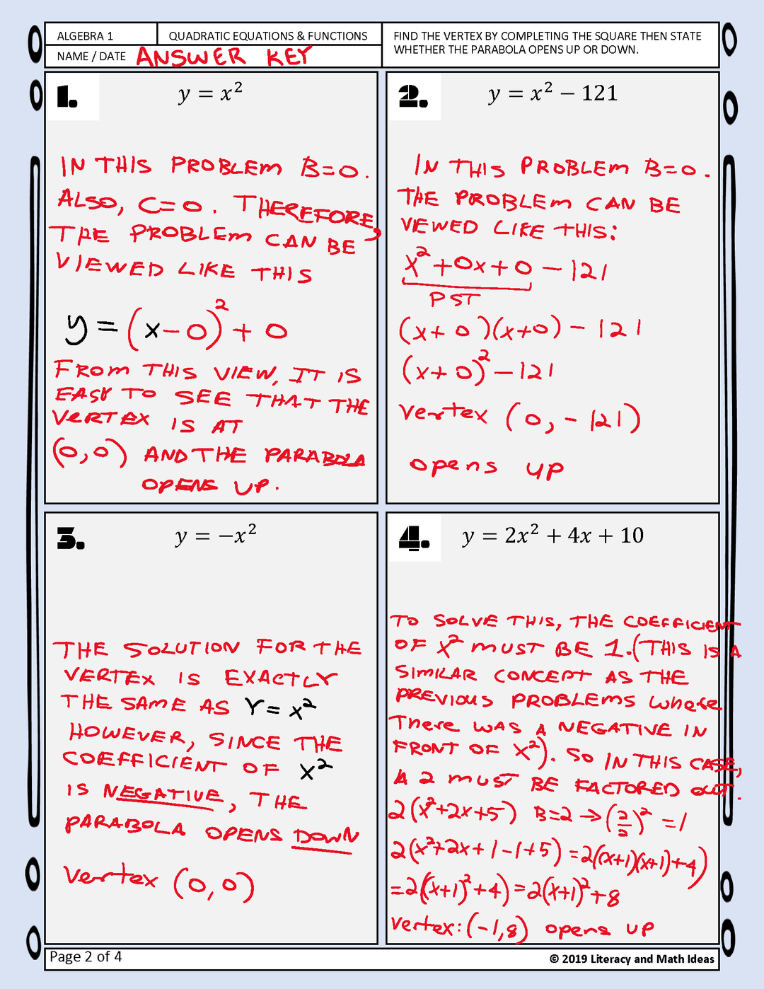 Algebra 1: Finding the Vertex of a Parabola by Completing the Square