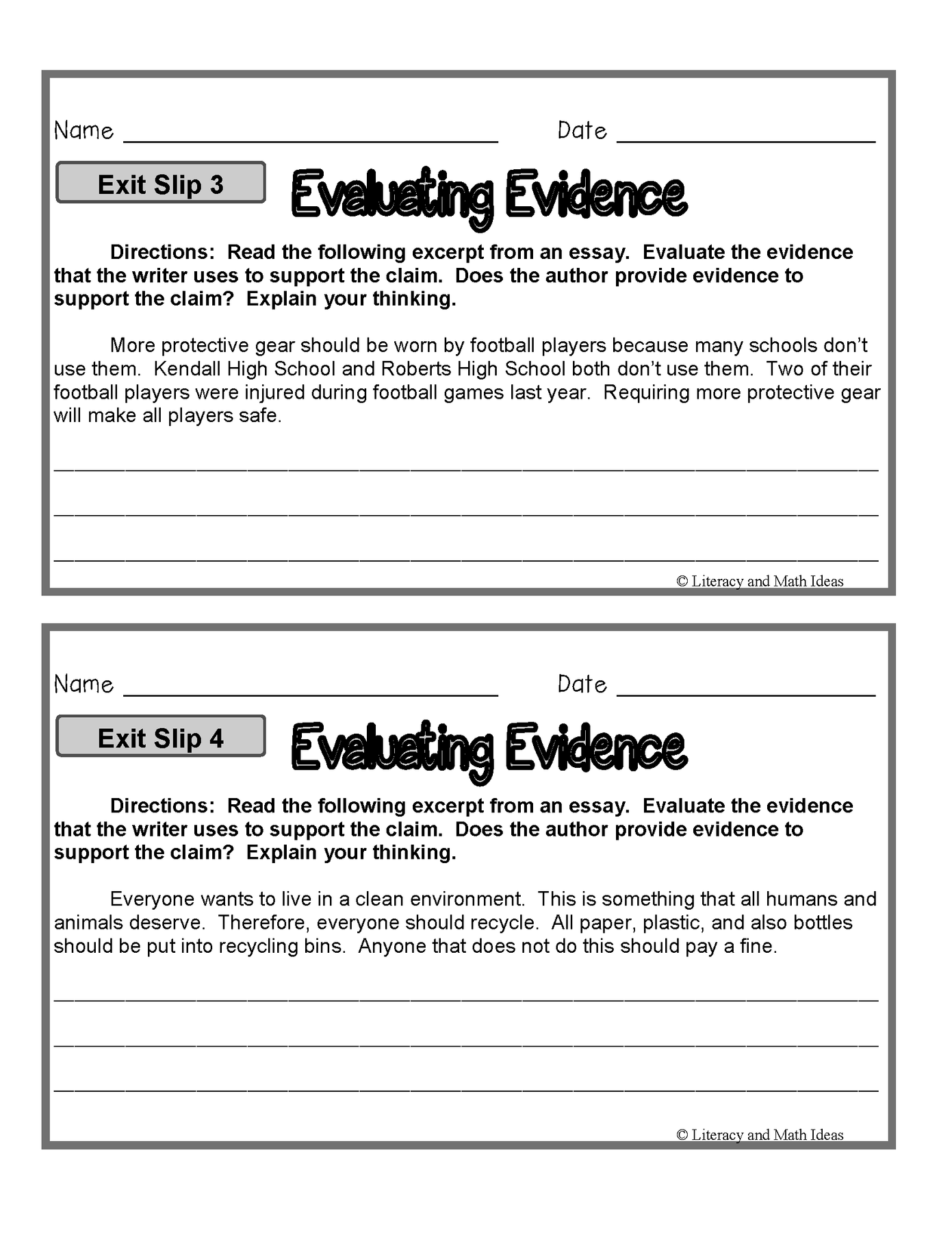 Writing Slip Method Argument Writing Exit Slips – Literacy and Math Ideas