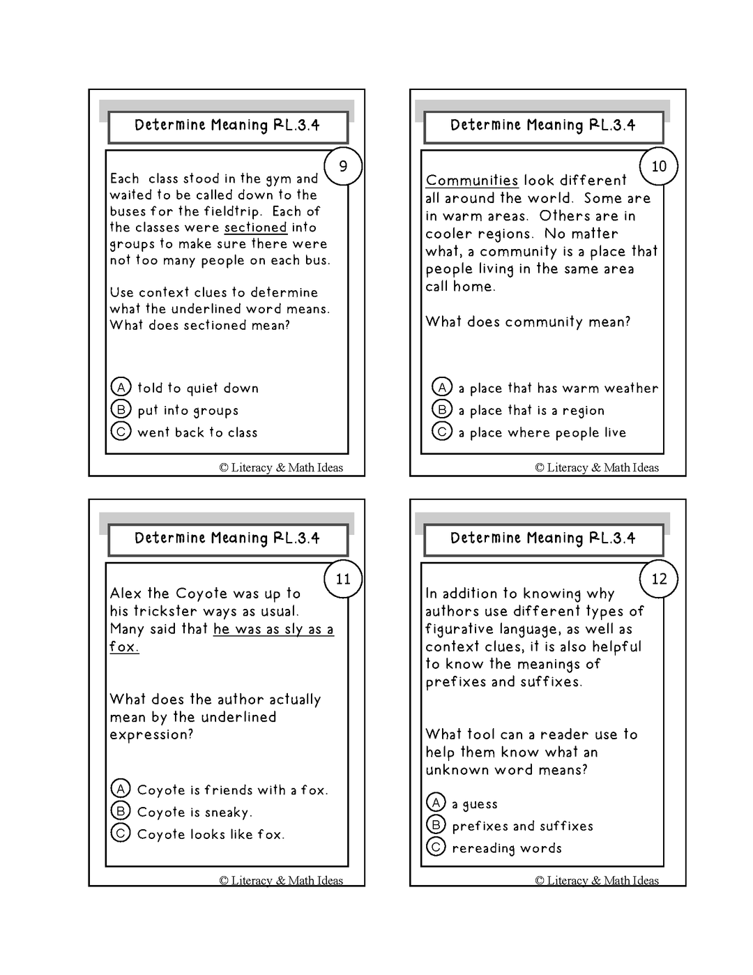 Word Meaning Activity Cards Grade 3 Common Core RL.3.4