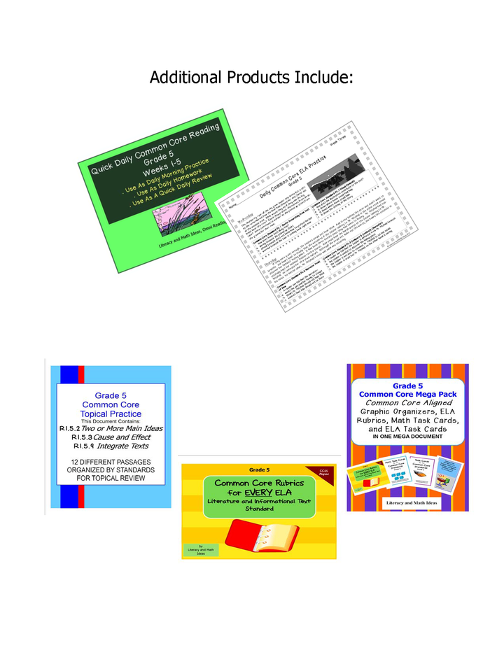 Free Grade 5 Common Core Reading Activity Cards