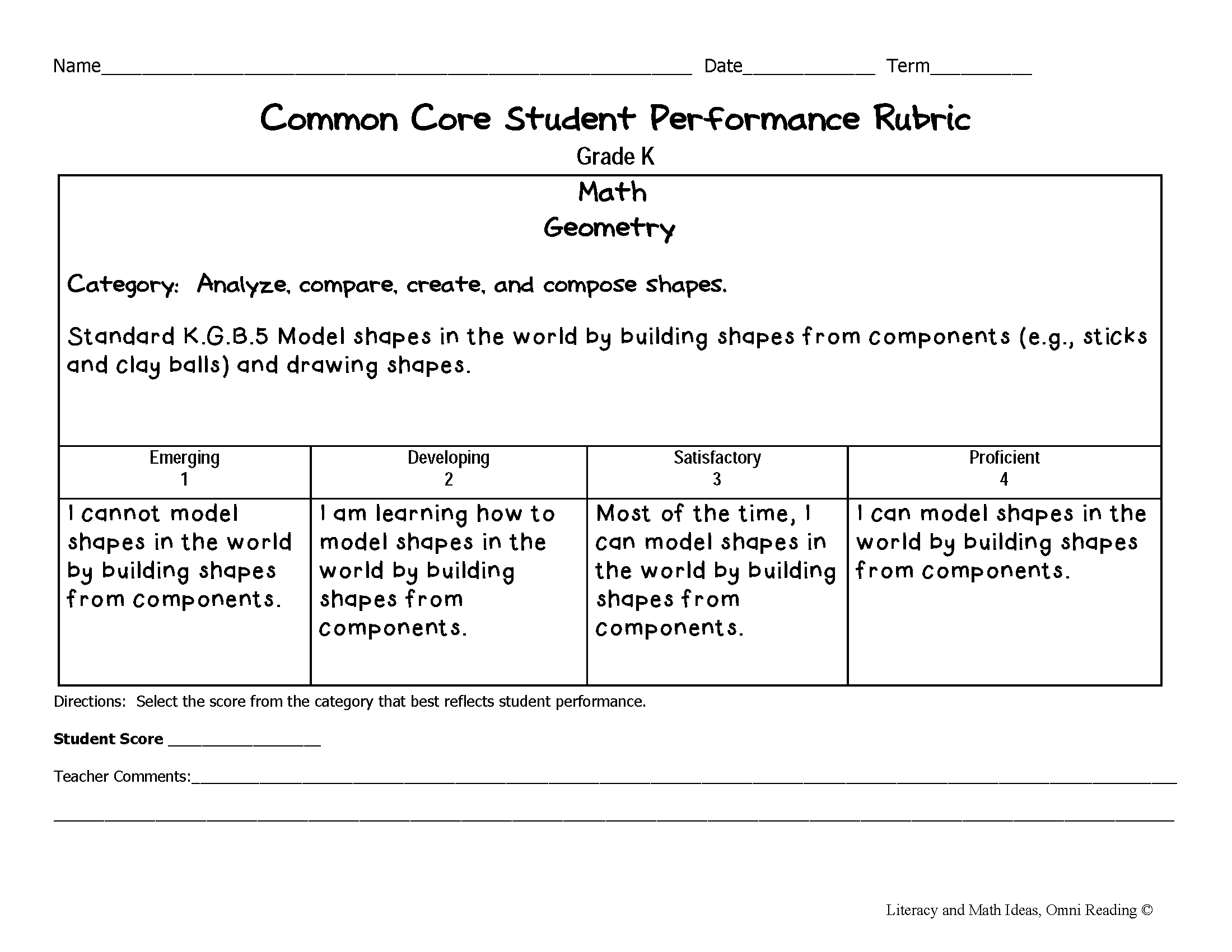 Common Core Math Rubrics Grade Kindergarten Literacy And Math Ideas Common Core Math Rubrics Grade Kindergarten Literacy And Math Ideas