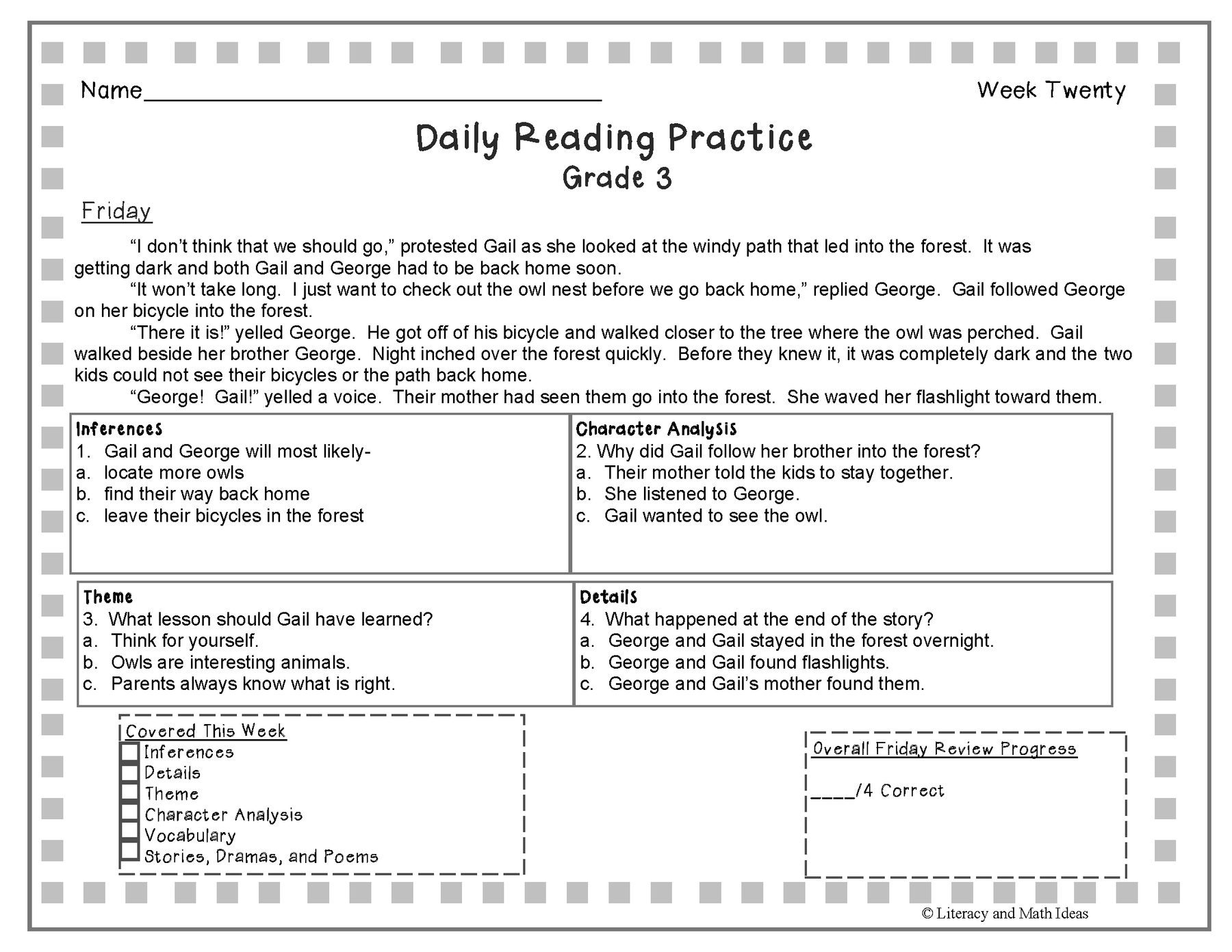 Grade 3 Daily Reading Practice Weeks 11 20 Literacy And Math Ideas 5268