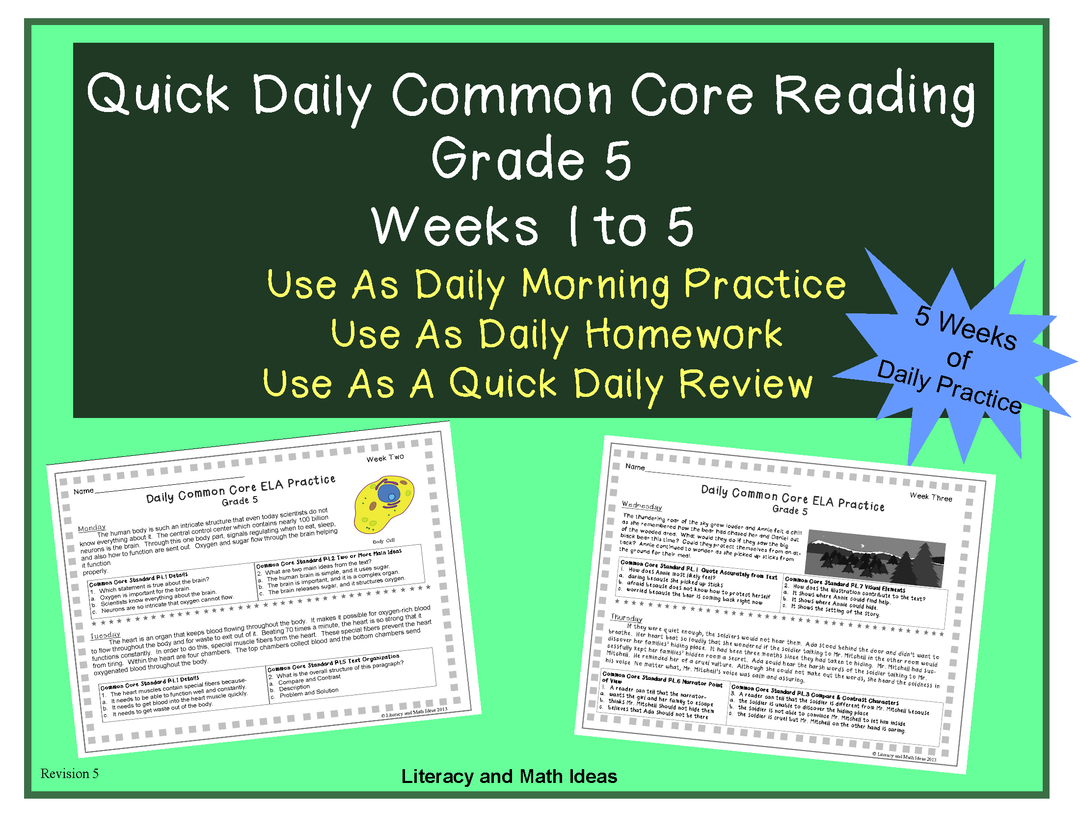 Grade 5 Daily Common Core Reading Practice Weeks 1-5