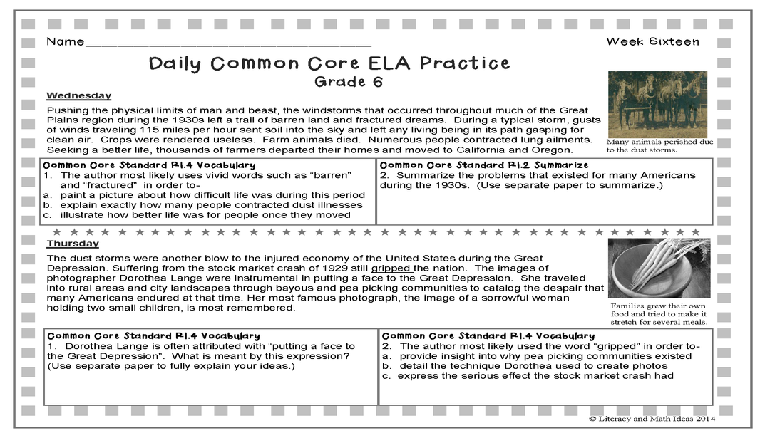 Grade 6 Daily Common Core Reading Practice Weeks 16-20