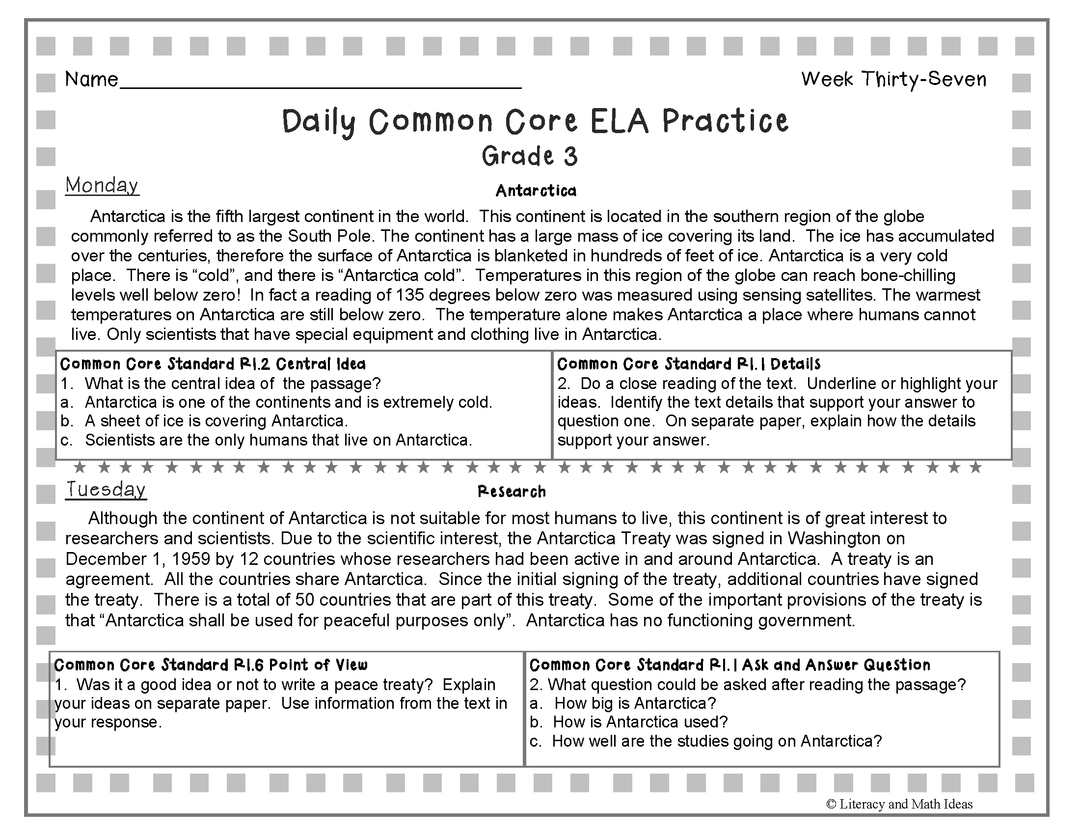 Grade 3 Daily Common Core Reading Practice Weeks 36-40