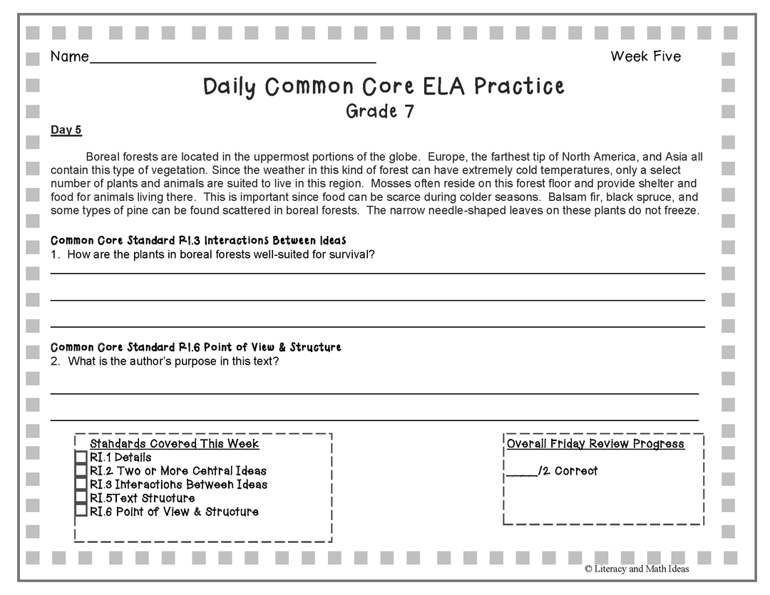 Grade 7 Daily Common Core Reading Practice Weeks 1-5