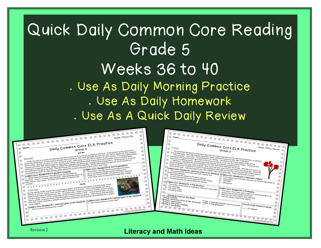 Grade 5 Daily Common Core Reading Practice Weeks 36-40