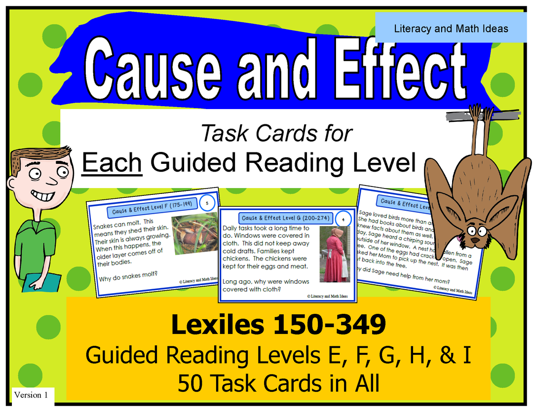 Cause and Effect Task Cards For Each Guided Reading Level (Levels E,F,G,H,I)