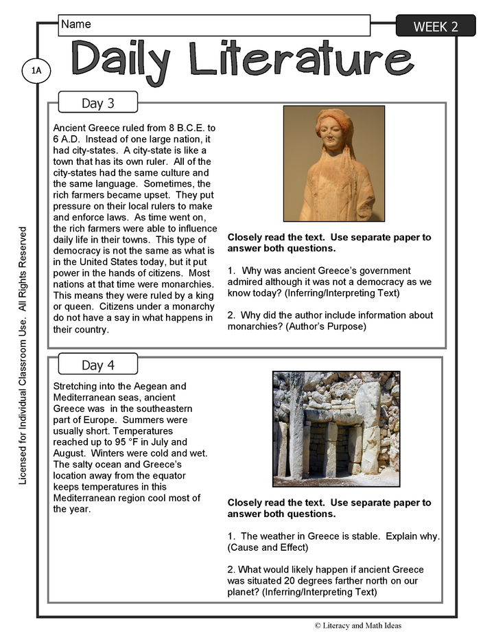 Differentiated Daily Literature Practice Grade 6 (Week 2)