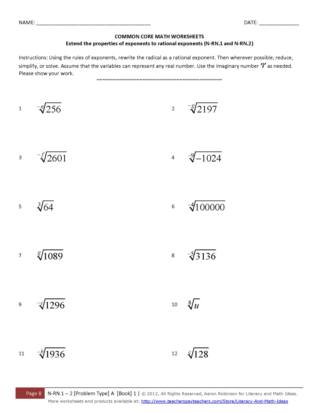 Worksheets for Common Core Math N-RN.1 and N-RN.2 Rational Exponents (Book A1)