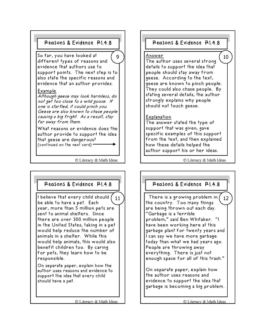 Reasons and Evidence Grade 4 Common Core RI.4.8 Activity Cards