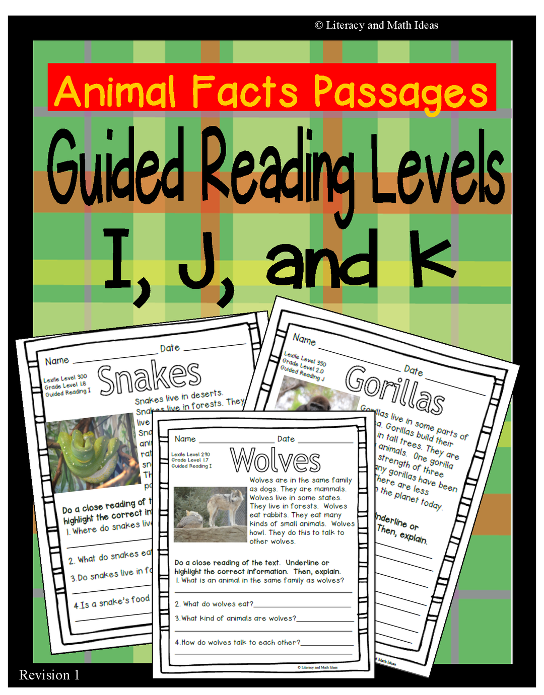 (Animals) Leveled Passages Guided Reading Levels I,J, K (Lexiles 290-440)