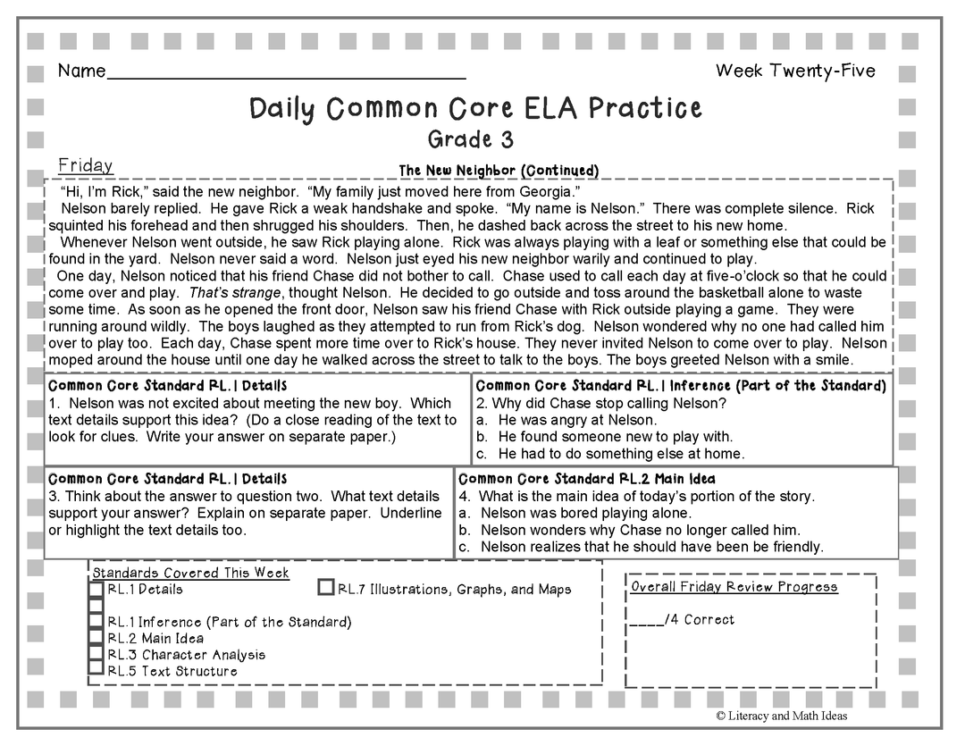 Grade 3 Daily Common Core Reading Practice Weeks 21-25