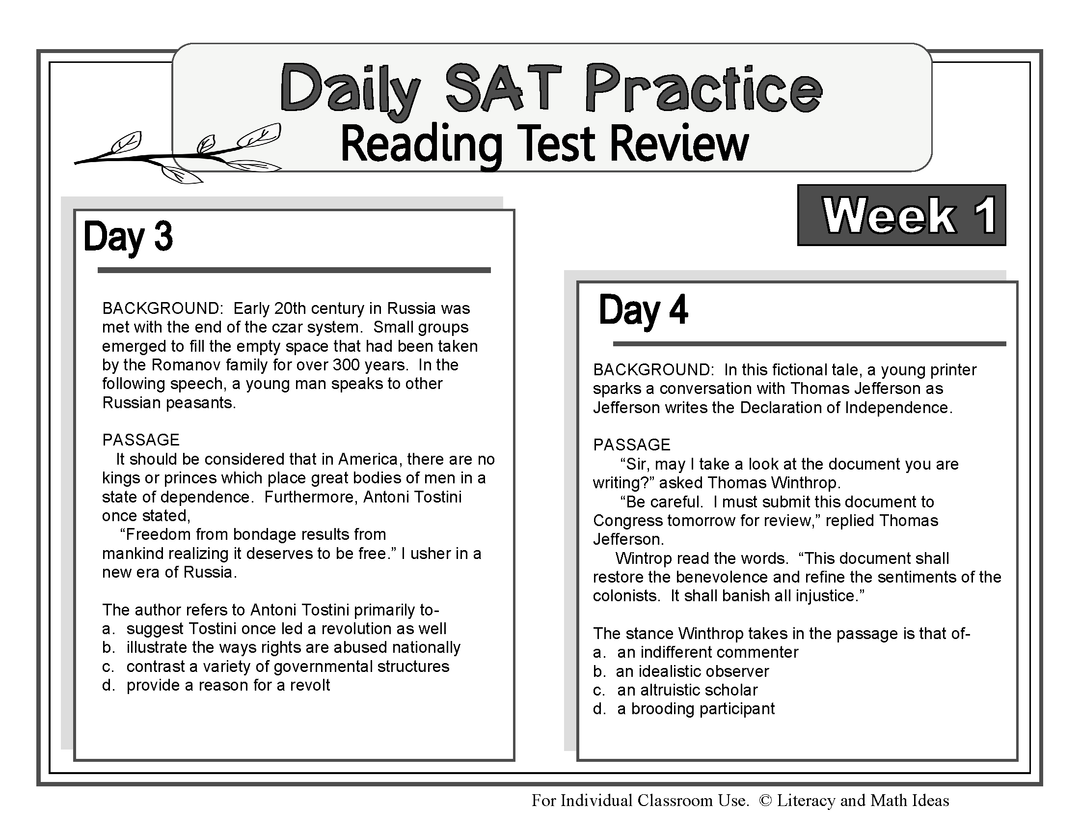 Sat Reading Topics Daily (New) SAT Reading Practice Bundle (Month 1) – Literacy and Math Ideas