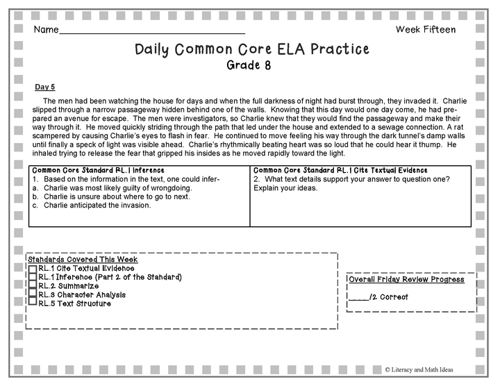 Grade 8 Daily Common Core Reading Practice Weeks 11-15